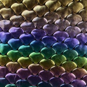 Lycra stof, fantasie reptielprint, overlopende kleuren, goud/groen/paars/blauw/zwart. Y619