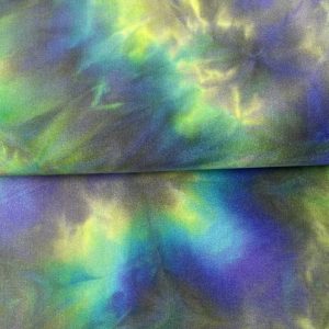 Lycra stof, tie-dye glam print, blauw/groen. LY-GLAM014