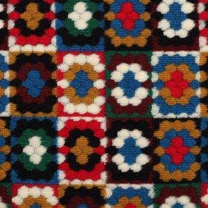 Mantel stof, gekookte wol, granny square/gehaakt, aquablauw/rood/oker/offwhite. A0546