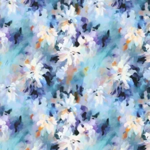 Matte satijn viscose stretch stof, olieverf bloemenprint, blauw/paars/wit/petrol. Y945