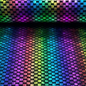 Metallic stof, disco print, multicolor/zwart. X127