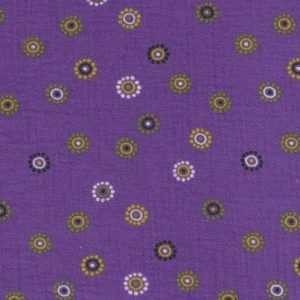 Mousseline baby katoen stof, bloemprint, paars/groen. C01026