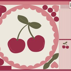 Fijn geweven katoenen poplin stof, digitale kersenprint, speelmat paneel, bordeaux/roze/groen. P609