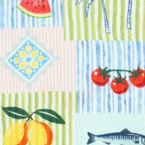 Patchwork mousseline stof, fruit/palmbomen/kersen, groen/blauw/geel/rood. P595