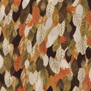 Poly voile stof, blaadjesprint, beige/bruin/groen/goud. P249