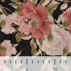 Poly voile stof, bloemenprint, zwart/beige/groen/roze/goud. P248