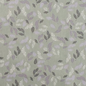 Poplin katoen stof, blaadjes, mint/grijs/mint/oudpaars. A0805