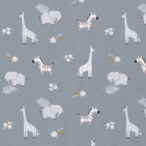 Poplin katoen stof, jungle diertjesprint, staalblauw/grijs. X606