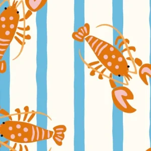 Katoen poplin stof, streep met krabben, offwhite/blauw/oranje/roze. P485