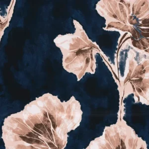 Satijn de luxe stof, grote bloembladprint, blauw/bruin/roze. P334