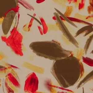 Satijn duchesse stof, bloemenprint, zand/bruin/rood/geel. Y935