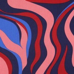 Satijn katoen stof, abstracte print, blauw/koraal, Poppy meets Pommé. X1416