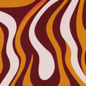 Satijn katoen stof, abstracte print, bordeaux/oker/offwhite, Poppy meets Pommé. X1418