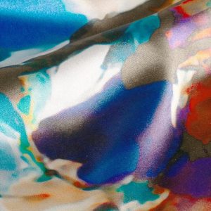 Satijn stof, abstracte print, taupe/blauw/rood/zalm/geel. Y995