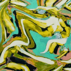 Satijn stof, soepel vallend, fantasie golfprint, zalm/groen/ecru/blauw. P295