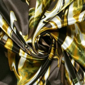 Satijn stof, soepel vallend, abstracte print, zwart/taupe/groen/offwhite. X1057