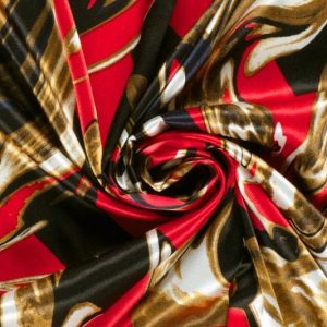 Satijn stof, soepel vallend, abstracte print, rood/donkerblauw/camel. X1058
