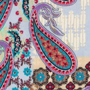 Satijn stof, soepel vallend, paisleyprint, mint/paars/petrol. Y206