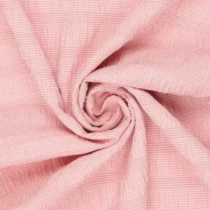 Seersucker smog stof, fijne ruit, licht rood/wit. P230