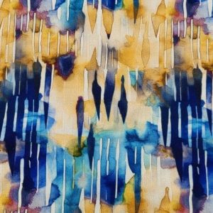 Soepel vallende viscose stretch stof, waterverf strepen, blauw/geel. X831