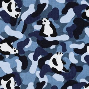 Soft sweat stof, panda met camouflageprint, blauw/grijs/zwart/wit. Y628