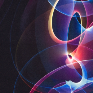 Sportswear jersey stof, abstracte cirkels, zwart/paars/blauw. LYN002