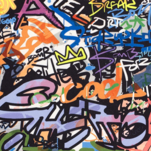 Sportswear jersey stof, graffiti print, zwart/multi. LYN004