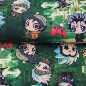 Stenzo jogging stof, tekenfilm poppetjesprint, groen/grijs/rood/blauw. D0530