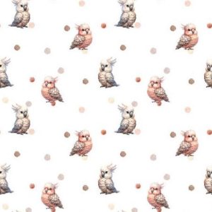 Stenzo katoen stof, kleine papegaaitjesprint met stippen, offwhite/beige/roest. P358
