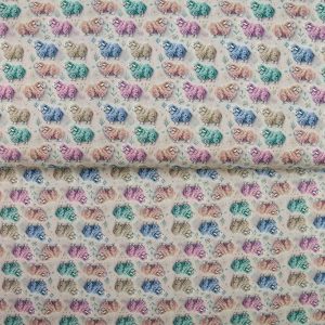 Stenzo katoen stof, schaapjesprint, beige/blauw/roze/groen. P345