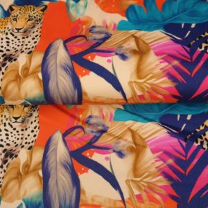 Stenzo katoen stretch satijn stof, bladeren- en panterprint, blauw/oranje/fuchsia/bruin. Y462