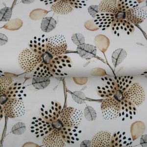 Stenzo katoen stretch satijn stof, bloemenprint, crème/lichtbruin/zwart. Y459