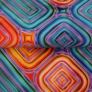 Stenzo katoen stretch satijn stof, grafische fantasie blokkenprint, blauw/oranje/groen/paars. Y464