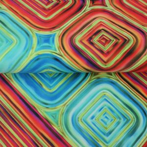 Stenzo katoen stretch satijn stof, grafische fantasie blokkenprint, rood/blauw/groen. Y465