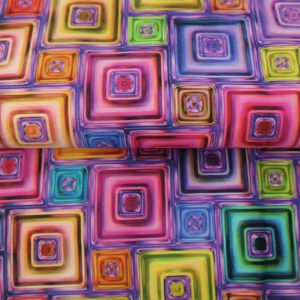 Stenzo katoen stretch satijn stof, grafische kubussenprint, paars/fuchsia/oranje/groen. Y463