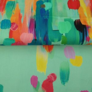 Stenzo katoen voile stof, olieverfstrepen, mint/rood/oranje/geel. Y502