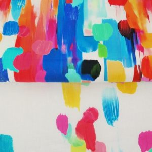 Stenzo katoen voile stof, olieverfstrepen, wit/blauw/geel/oranje/rood. Y503