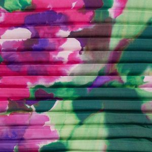 Stenzo plissé stof, waterverf bloemenprint, paars/lila/roze/roest/groen. P354