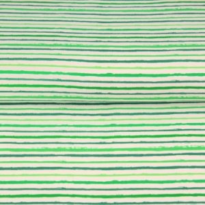 Stenzo tricot katoen stof, digitale streep, wit/groen. Z0477