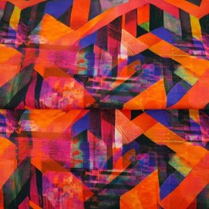 Stenzo tricot katoen stof, abstracte print, oranje/rood/paars. X1145