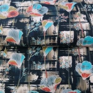 Stenzo tricot katoen stof, bloemenprint, blauw/roest/grijs/groen. Y976