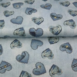 Stenzo tricot katoen stof, denim look, hartjesprint, blauw. Y353