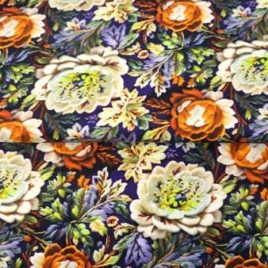 Stenzo tricot katoen stof, digitale bloemenprint, paars/ecru/roest/lila. X1202