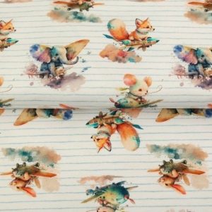 Stenzo tricot katoen stof, digitale dierenprint met vliegtuigjes, offwhite/grijs/blauw/oranje. X593