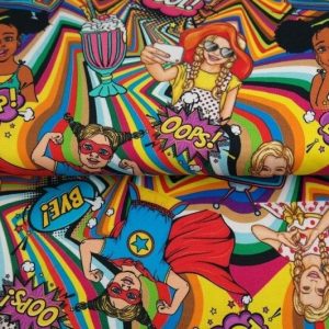 Stenzo tricot katoen stof, meisjes cartoonprint, multicolor. X912