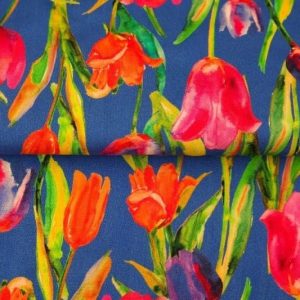 Stenzo tricot katoen stof, digitale tulpenprint, paars/geel/groen/oranje. X909