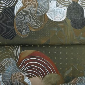 Stenzo tricot katoen stof, fantasie cirkels met stippenprint, groen/roest/beige/bruin. Y983