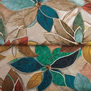 Stenzo tricot katoen stof, herfstbloemen met grote bladeren, beige/roest/blauw/geel. Y980