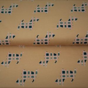 Stenzo tricot katoen stof, hondjes in schotse ruit, camel/rood/wit/zwart. D0492A