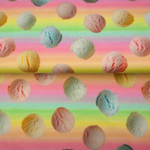 Stenzo tricot katoen stof, ijsbolletjes print, pastel tinten. Y335